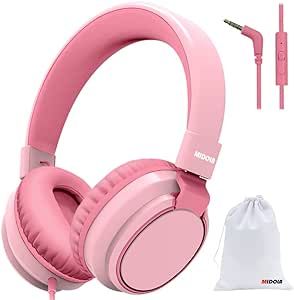 MIDOLA Kids Headphones Wired Volume Limited 85/110dB Over Ear Foldable with Shareport Headset Inline Cable AUX 3.5mm Mic for iPad Notebook Boy Girl Travel School Tablet Pink