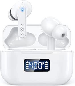 True Wireless Earbuds Bluetooth 5.3 Headphones with Charging Case, 48Hrs Playtime Stereo in-Ear Earphones Built-in Mic for iPhone Android Cell Phone HD Call, Lightweight White Ear Buds