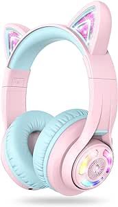 iClever Cat Ear Kids Bluetooth Headphones,LED Lights Up,74/85/94dB Volume Limited,50H Playtime,Bluetooth 5.2,AUX Cable,USB C,Kids Headphones Wireless Over Ear for Travel iPad Tablet, Meow Macaron-Pink