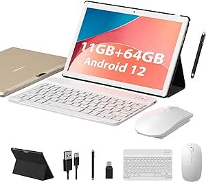 LNMBBS Android Tablet 10 Inch, 11GB RAM 64GB Storage, Android 12.0, Octa-Core Processor, Tablet with Keyboard, Large Battery, Dual Camera, Wi-Fi, Bluetooth, GPS, Mouse,Tablet Cover, Tablet,Gold
