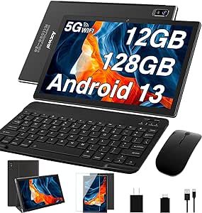 2023 Newest 10 Inch Tablet Android 13 Tablets with Keyboard, 12GB RAM 128GB ROM 512GB Expand, Octa-Core, 5G/2.4G WiFi, HD IPS Display, 8000mAh Tablet PC with Case Mouse GPS Split Screen Support -Black