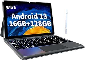 Android 13 Tablet 10.1 inch Tablets with Keyboard Case and Stylus, 16GB RAM 128GB ROM 1TB Expand, 1280x800 IPS Touch Screen, Quad-Core Processor, 6000mAh Battery, Dual Camera, WiFi 6