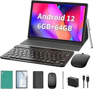 Android Tablet 2 in 1 Tablet, 10 inch Android 12 Tablet 6GB+64GB with Keyboard, Tablets with Case Mouse Stylus,512GB Expandable Dual Camera, WiFi, Bluetooth, Google Certified Tablet PC(Green)