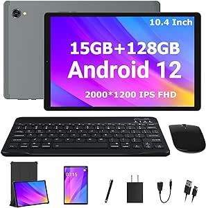 Android 12 Tablet with Keyboard 10.4 inch Tablets,15GB(8+7)Rom 128GB Storage Tablet 1TB Expandable, 8 Core Processor, 2000*1200 IPS, 2.4G/5G WiFi, 8000mAh, BT 5.0, GPS Android Tablets bundle-Gray