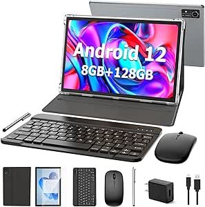 Android Tablet 10 inch, Android 12 Tablet, 8GB RAM 128GB ROM,1TB Expand, 5G WiFi, 4G/LTE, Bluetooth, 8000mAh Battery, Google Certified, 2 in 1 Tablet with Keyboard, Mouse, Case, Stylus(Black)