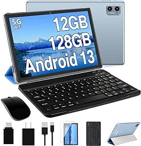 Oangcc Android 13 Tablet 2023 Newest 10 Inch Tablets with 12GB RAM +128GB ROM +512GB Expanded Octa-Core, 2 in 1 Tablet with Keyboard Mouse 5G WiFi Bluetooth GMS Certified GPS - Blue
