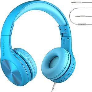 LilGadgets Connect+ Pro Kids Noise Cancelling Headphones - Designed with Kids' Comfort in Mind, Foldable Over-Ear Headset with in-line Microphone, Headphones Wired, Kids Headphones for School, Blue