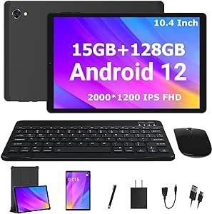 Android 12 Tablet with Keyboard 10.4 inch Tablets,15GB(8+7)Rom 128GB Storage Tablet 1TB Expandable, 8 Core Processor, 2000*1200 IPS, 2.4G/5G WiFi, 8000mAh, BT 5.0, GPS Android Tablets bundle-Black