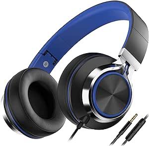AILIHEN C8 Headphones Wired with Microphone and Volume Control Folding Lightweight Headset for Cellphones Tablets Chromebook Smartphones Laptop Computer PC Mp3/4 (Black/Blue)
