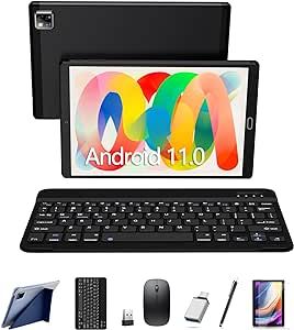 Tablet 10 Inch Android 11 2 in 1 Tablet with Keyboard 4GB RAM 64GB ROM 128GB Expansion, 13MP Camera, 5G WiFi, Bluetooth Mouse, Stylus, HD Display, 6000 mAh Battery, OTG, Google Certified (Black)