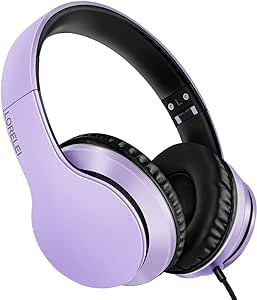 LORELEI X6 Over-Ear Headphones with Microphone, Lightweight Foldable & Portable Stereo Bass Headphones with 1.45M No-Tangle,Wired Headphones for Smartphone Tablet MP3 / 4 (Purple-Black)