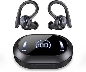 PSIER Wireless Earbuds Bluetooth Headphones 50H Playtime Ear Buds Bluetooth 5.3 Dual Power Display Sports Headphones with Earhooks IPX7 Waterproof Earbuds with Mic Over-Ear Earphones for Running, Gym