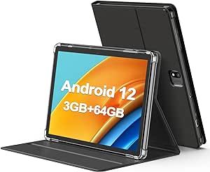 Android Tablet, 10 inch Android 12 Tablet with Case, 3GB RAM 64GB ROM 512GB Expand, 8000mAh Battery, WiFi, Bluetooth, Dual Camera, HD Touch Screen, Google GMS Certified(Black)