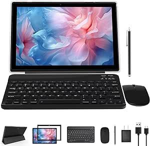 Tablet With Keyboard 2 in 1 Tablet 10 Inch Android Tablets Set include Bluetooth Keyboard/Mouse/Case/Stylus/Tempered Film, 64GB+2GB WIFI 8MP Dual Camera Android 11 Tableta 6000mAh Battery 10.1" Tab PC