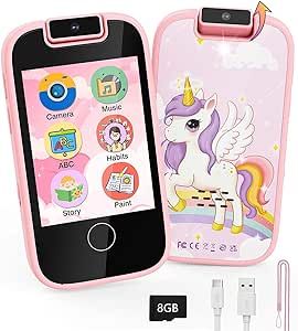 Kids Toy Smartphone, shiningstone Gifts and Toys for Boys Ages 3-7, Kids Fake Play Cell Phone with Music Player Camera SD Card, Christmas Birthday Gifts for 3 4 5 6 7 Years Old (Unicorn Pink)