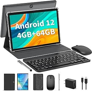Android Tablet, 10 Inch Android 12 Tablet, 2 in 1 Tablet with Keyboard, Mouse, Case, Stylus, 4GB RAM 64GB ROM 1TB Expand, WiFi, Bluetooth, 8000mAh Battery, Google Certified(Black)