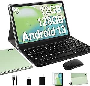 Oangcc Android 13 Tablet 10 Inch ???????? ???????????? with 12GB(6+6 Expand)+128GB Keyboard Mouse WiFi Bluetooth GPS 512GB Expand Support, Dual Camera Computer Tablets with Case - Green