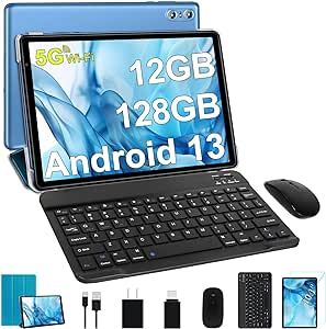 SEBBE Tablet 10 Inch Android 13 Tablet PC 12GB RAM + 128GB ROM TF 1TB Octa-Core 2.0 GHz, Google GMS | Bluetooth 5.0 | 5G WiFi | 6000mAh | 1280 * 800 | 5MP+8MP, Tablet with Keyboard and Mouse Blue