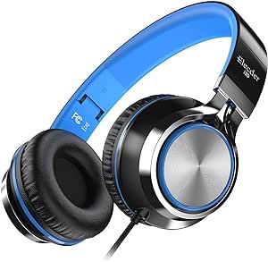 ELECDER i39 Headphones with Microphone Foldable Lightweight Adjustable On Ear Headsets with 3.5mm Jack for Cellphones Computer MP3/4 Kindle School Blue/Black