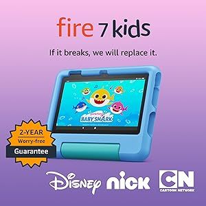 Amazon Fire 7 Kids Tablet (2022) - ages 3-7. 2 year worry-free guarantee, 10-hr battery, ad-free content, parental controls, durable high-res screen, kid-proof case with kickstand, 16 GB, Blue
