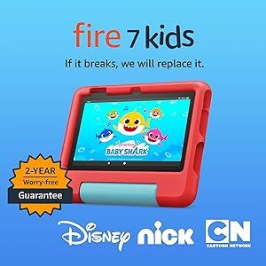 Amazon Fire 7 Kids Tablet (2022) - ages 3-7. 2 year worry-free guarantee, 10-hr battery, ad-free content, parental controls, durable high-res screen, kid-proof case with kickstand, 16 GB, Red