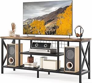 Gizoon Industrial TV Stand for TVs up to 65 Inch, 59" TV Console for Living Room, Bedroom, 3-Tier Entertainment Center for 55 inch TV with Open Storage Shelves, Steel Frame, Rustic Brown